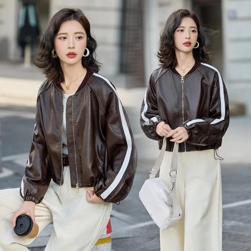 皮衣短外套女春秋季新款时尚潮流百搭条纹拼接撞色棒球服夹克上衣
