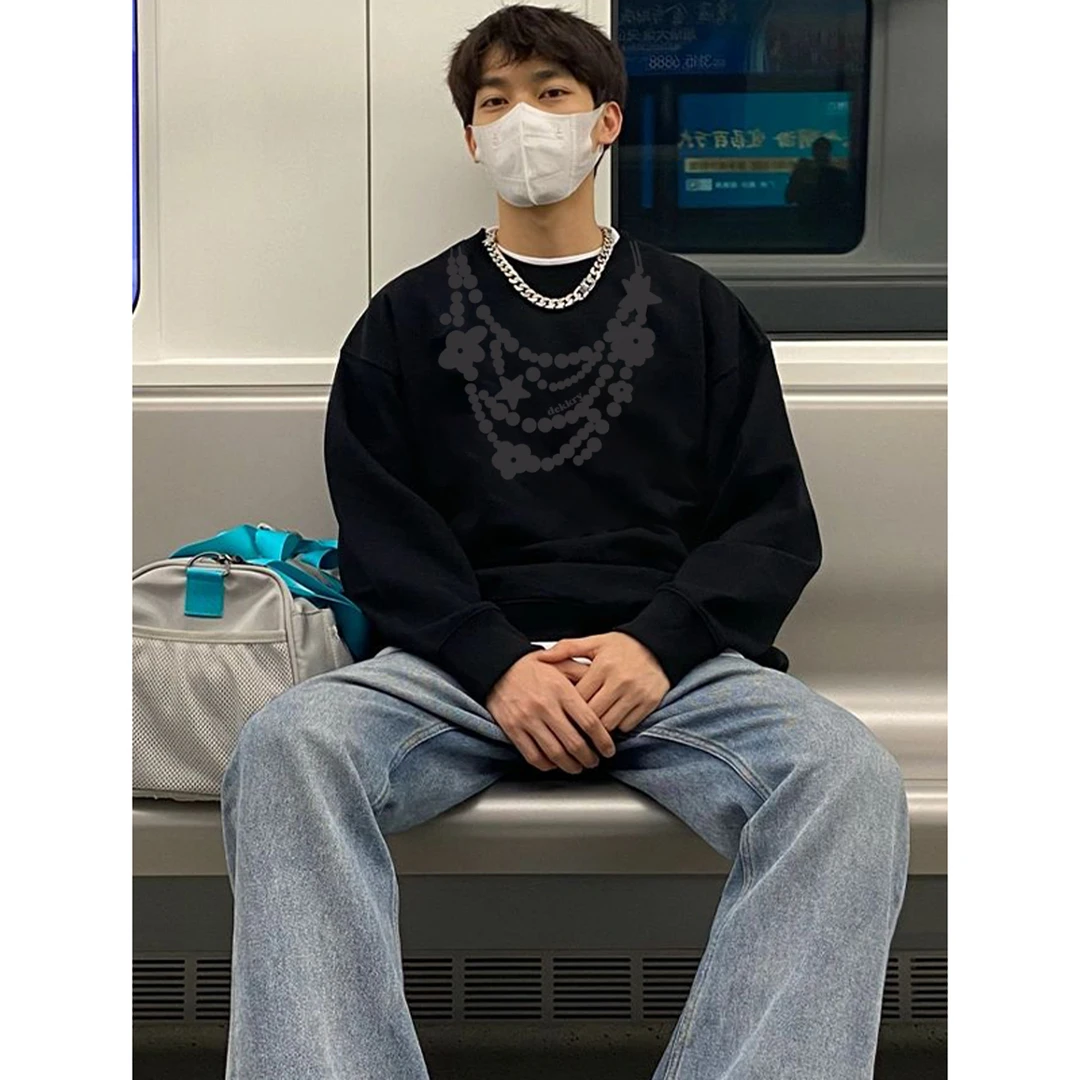 美式涂鸦项链字母印花圆领卫衣男女秋冬季百搭宽松休闲情侣款上衣