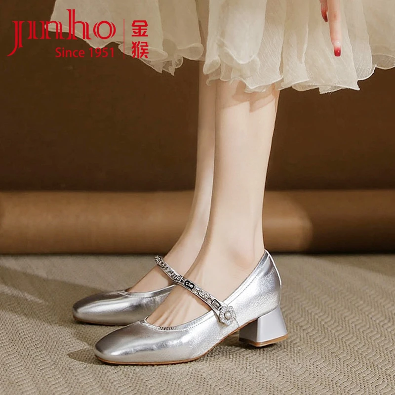 Jinho/金猴银色法式玛丽珍鞋气质高跟浅口单鞋女SQ59173A