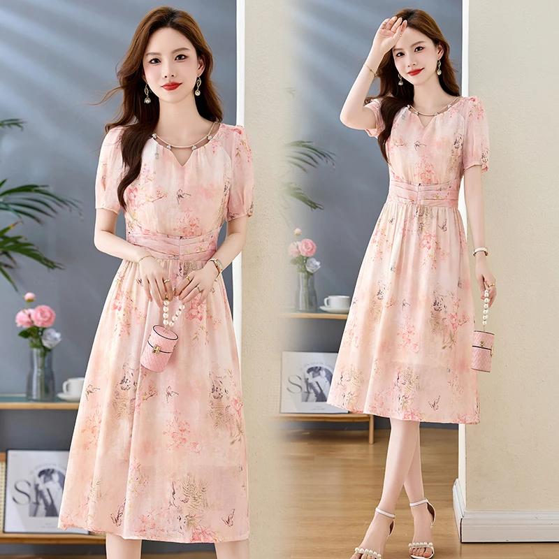 法式印花气质连衣裙女2025年夏季新款气质名媛遮肚显瘦中长款裙子