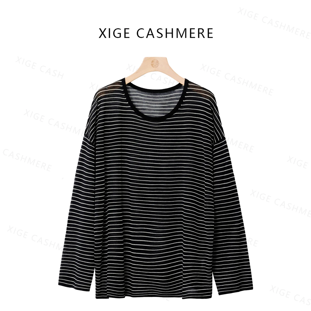 【通吃】喜歌 100柞蚕丝女士宽松时尚条纹长袖上衣 7936