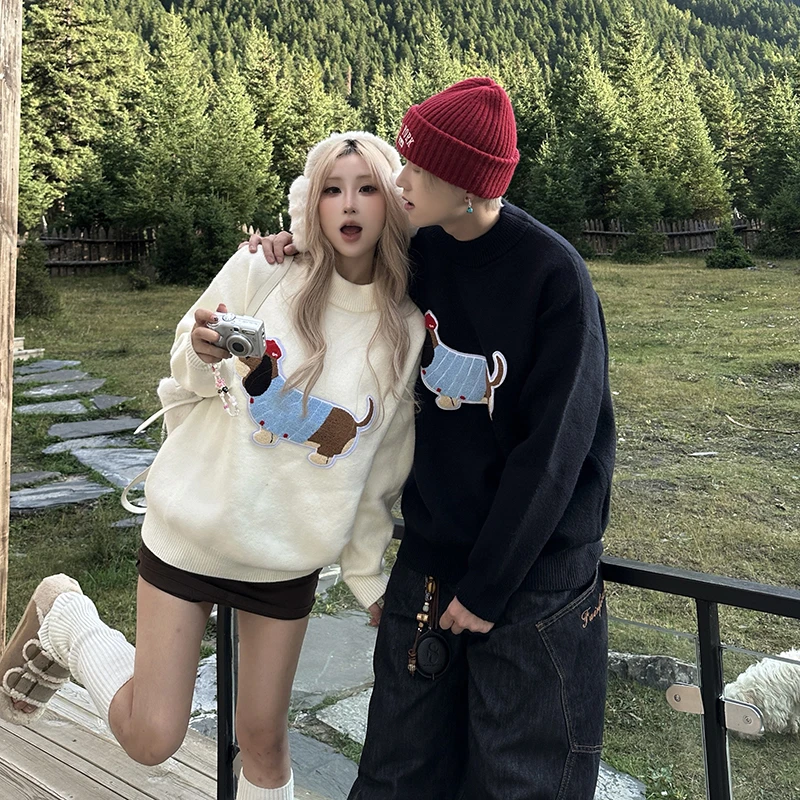 情侣装休闲2025春秋宽松腊肠狗高级感针织衫慵懒风套头男女毛衣