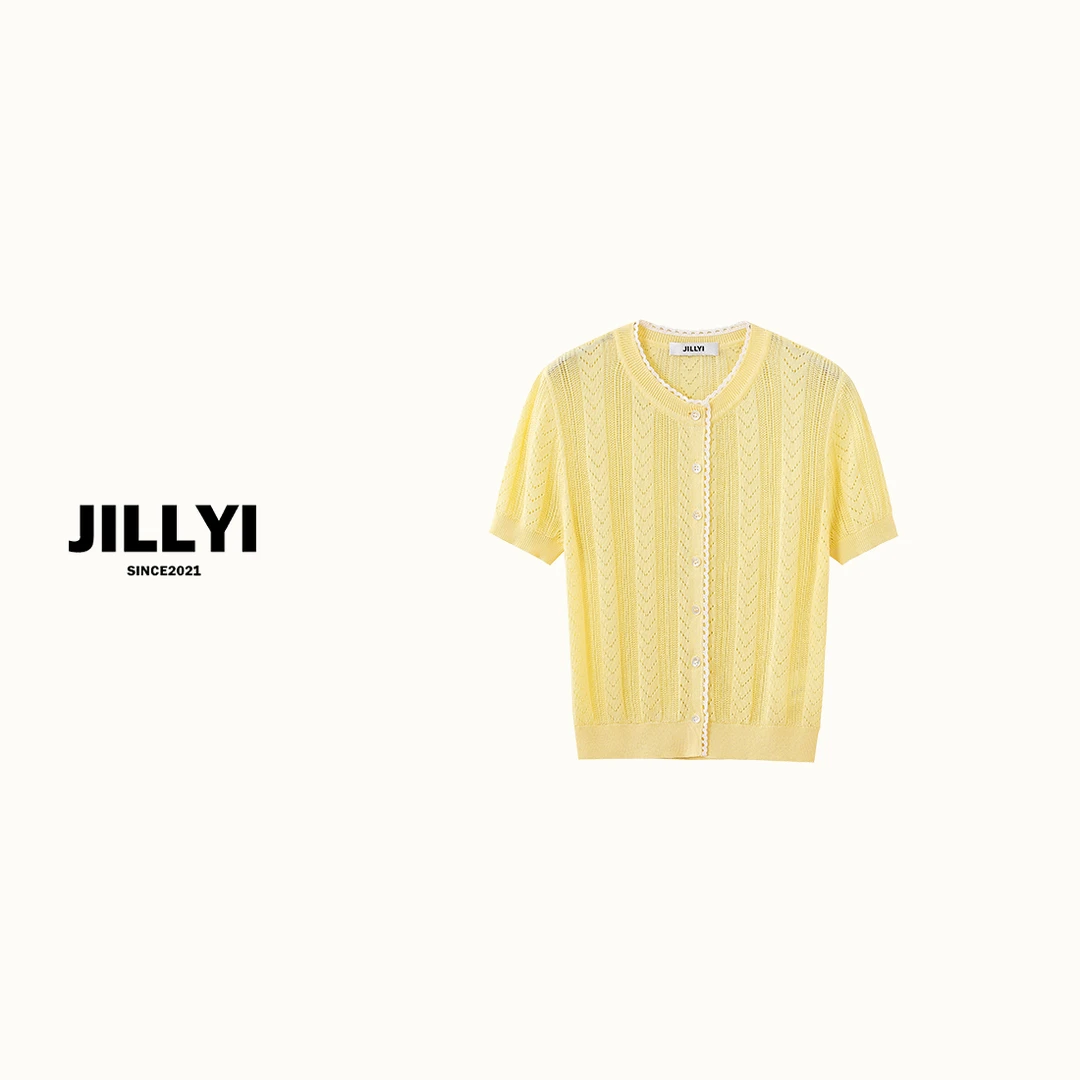 JILLYI珠海店【芝士蛋糕】黄色圆领镂空工艺透气时尚针织衫夏季舒适