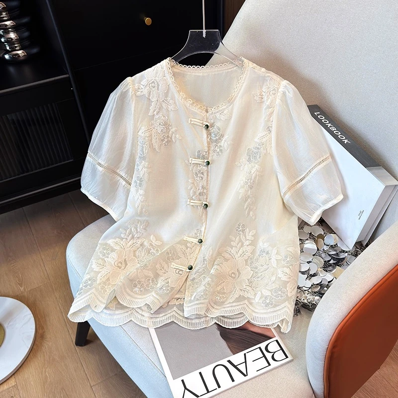 新中式刺绣镂空衬衫女2025夏季新款高级感气质遮肚子短袖小衫上衣