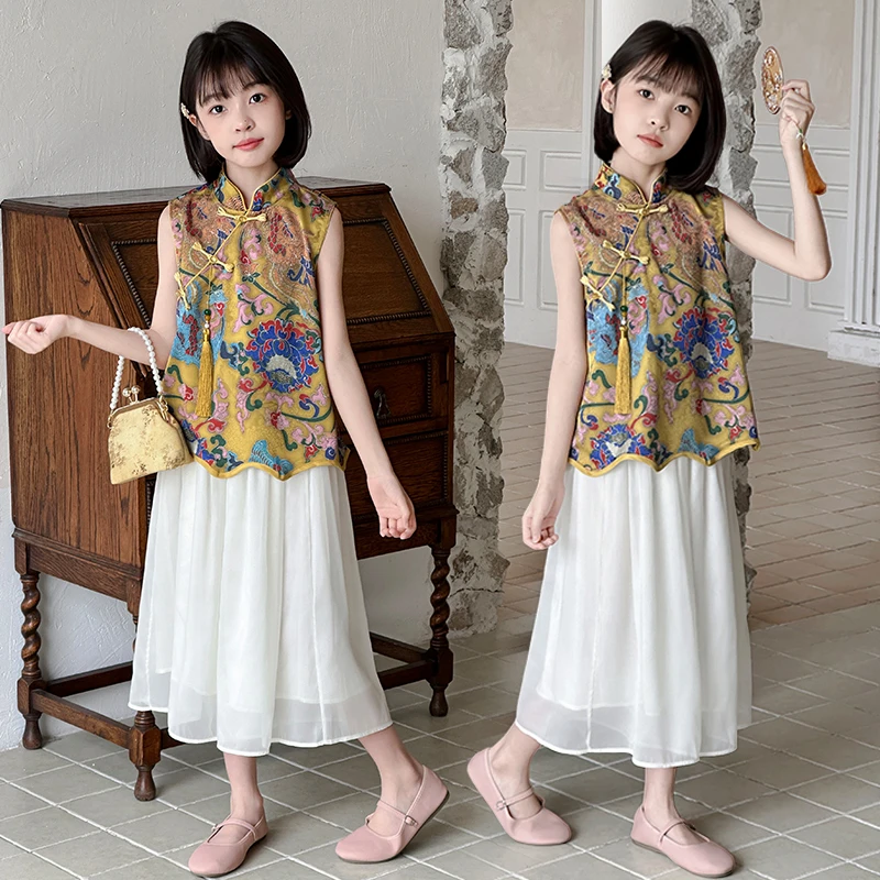 2025黄色上衣白裤子国风套装新款夏季女童薄款简约小众百搭宽松