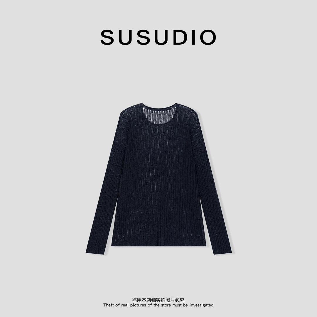 SUSUDIO 和纸纱 高级镂空宽松慵懒极简圆领纯色针织衫50111