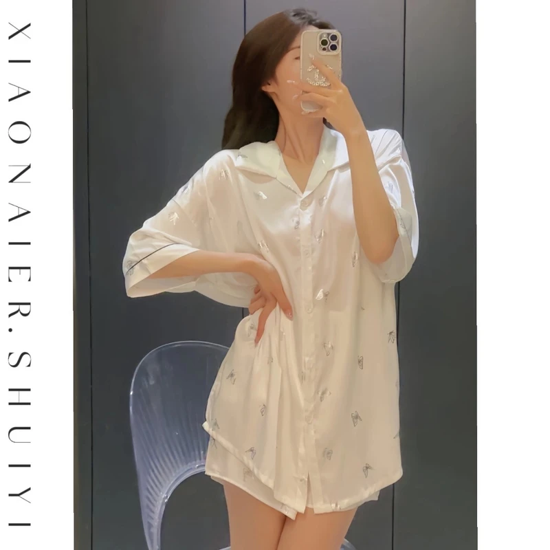 【蝶恋光影】蝴蝶雪丝女士睡裙春夏时尚薄款宽松韩版甜美白色家居服