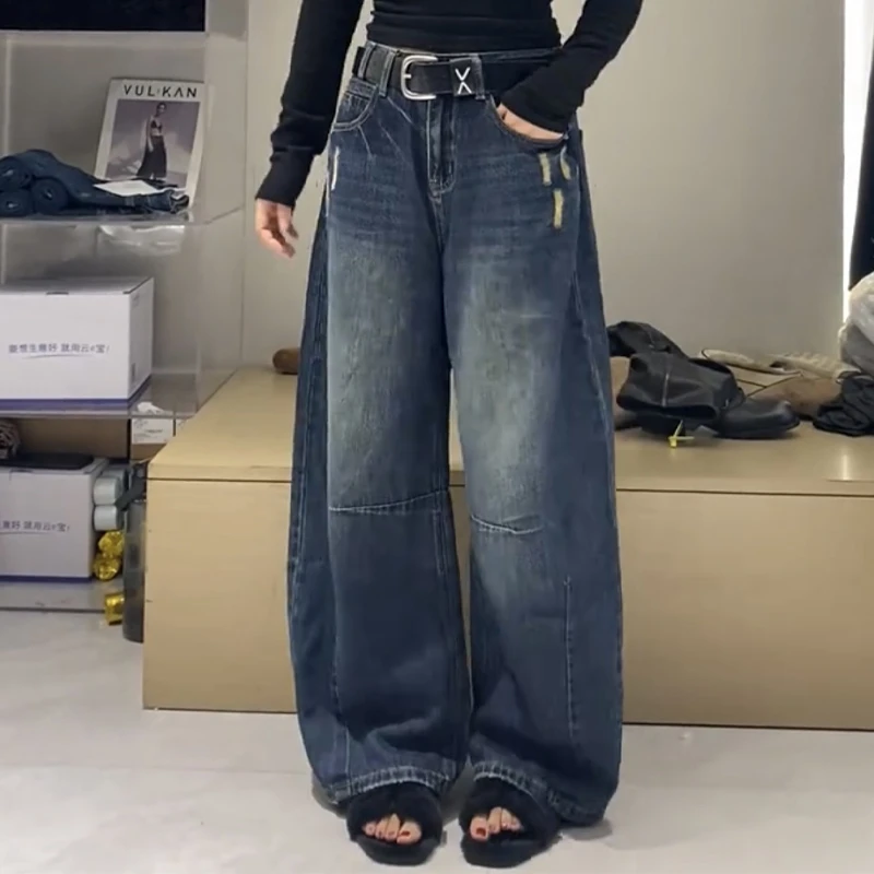 La Chapelle/拉夏贝尔复古磨破弯刀牛仔裤女秋季水洗高腰阔腿裤