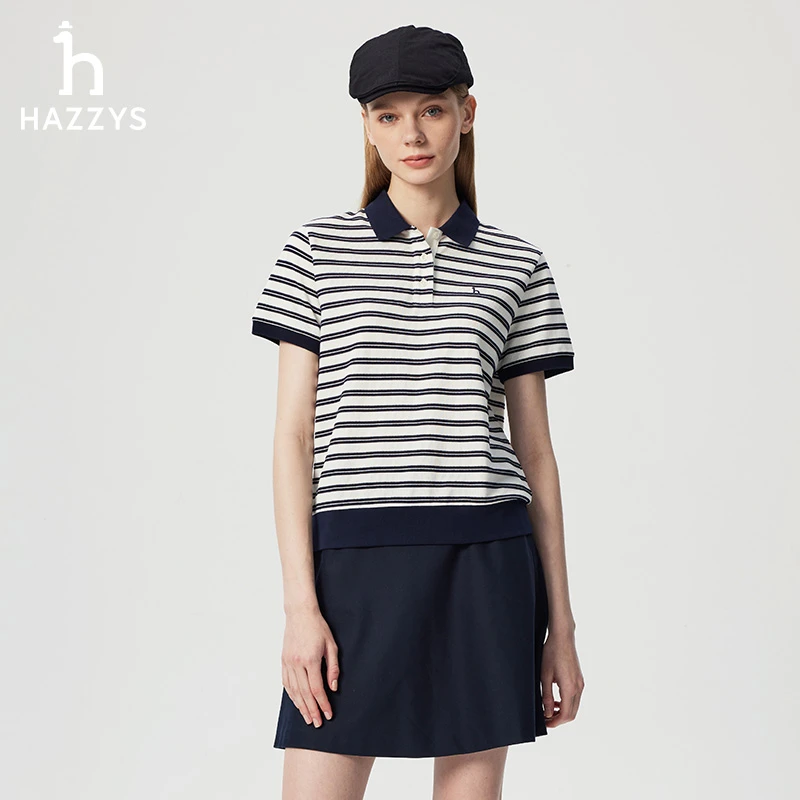 Hazzys哈吉斯翻领polo衫休闲风条纹短袖T恤