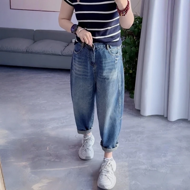 大码女装高腰显瘦直筒牛仔老爹裤秋季新款洋气百搭宽松阔腿哈伦裤