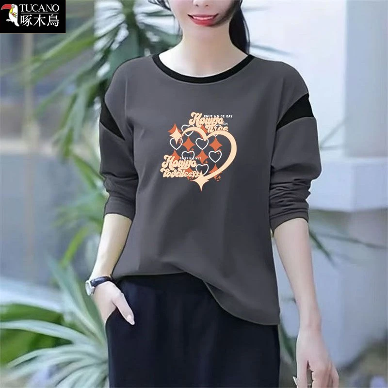 啄木鸟正品2026年印花圆领纯棉T恤春秋长袖宽松显瘦打底衫上衣女