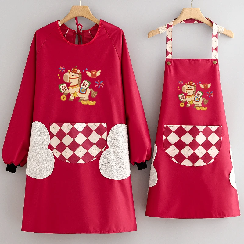 新春马年围裙厨房做饭防水防油罩衣餐饮服务员饮品店专用围腰定制