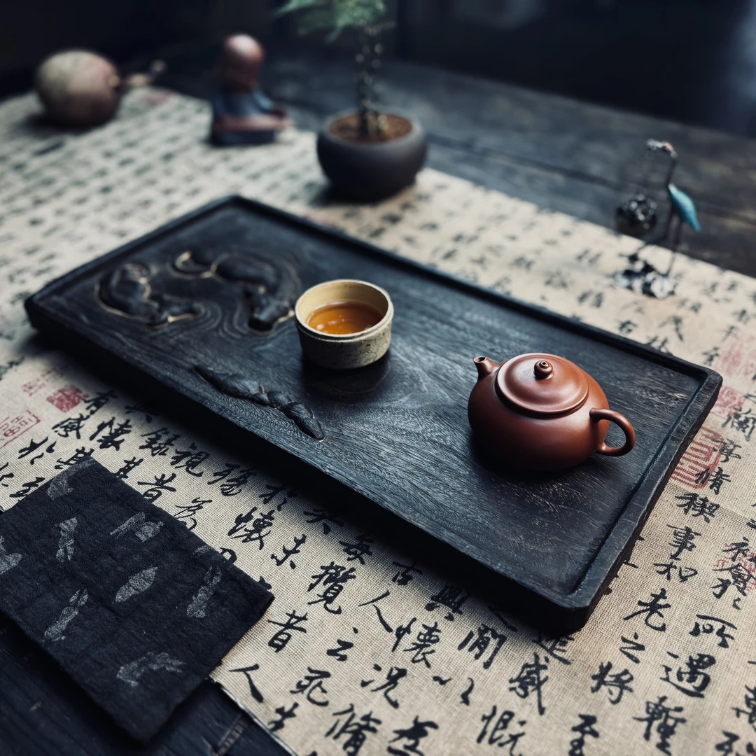 【牛转乾坤图碳化干泡茶盘】朴木复古侘寂风纯实木手工雕刻大漆碳化