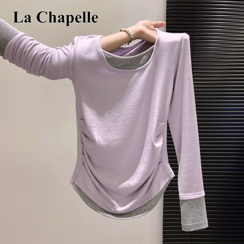 拉夏贝尔辣妹收腰假两件上衣女2025初秋款修身长袖t恤内搭打底衫