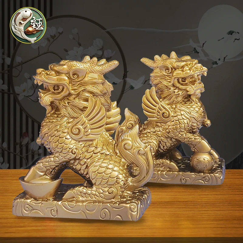 铜色麒麟风水摆件一对招财元宝麒麟客厅酒柜卧室玄关装饰品工艺品