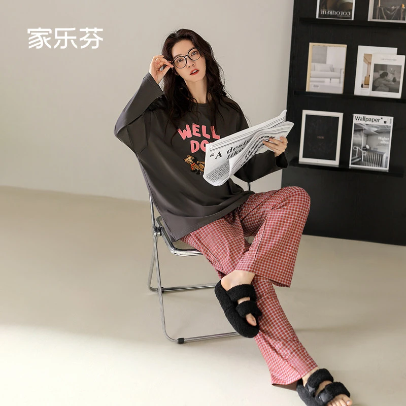 家乐芬睡衣女士春秋季纯棉长袖长裤家居服大码格子圆领套头可外穿