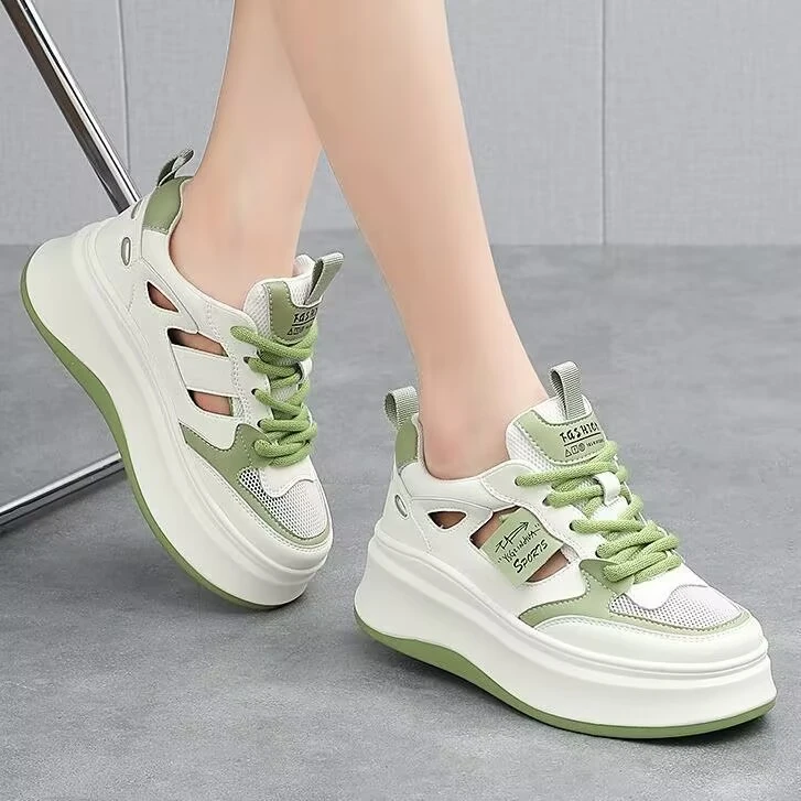 2025夏季新款镂空透气凉鞋女运动休闲网面小白鞋松糕厚底老爹鞋