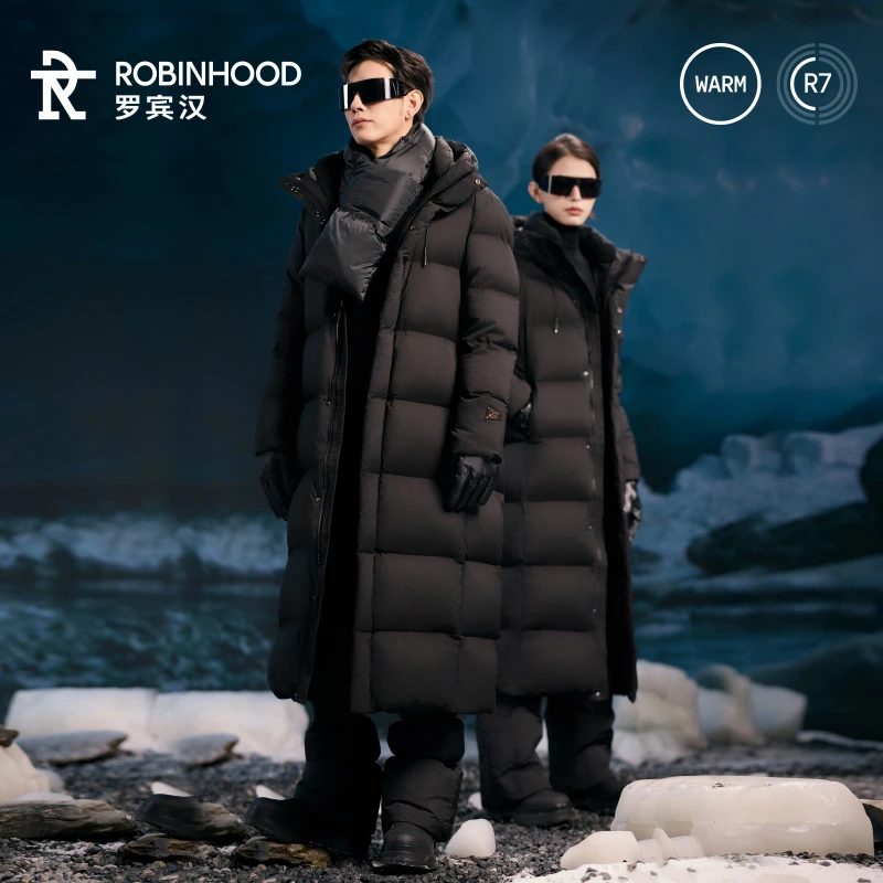 罗宾汉黑钻加厚加长连帽时尚运动舒适户外保暖男女长款羽绒服6991