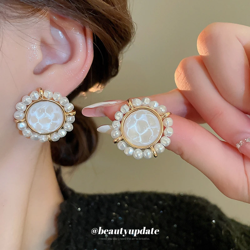 合金树脂耳饰 银针水波纹珠珠款耳钉轻奢耳夹高级感气质