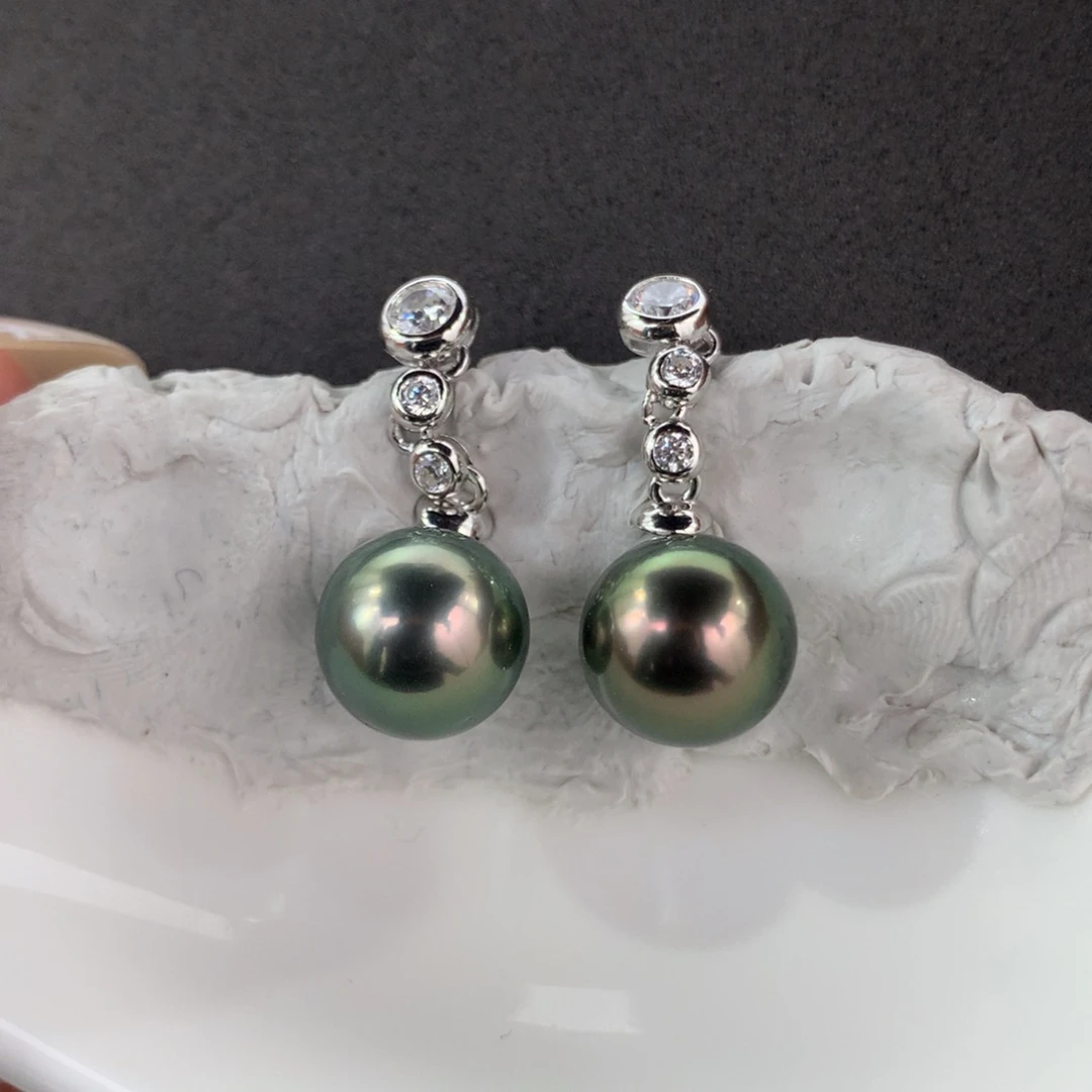 银S925镶嵌耳饰定制海水珍珠大溪地孔雀绿10-11mm