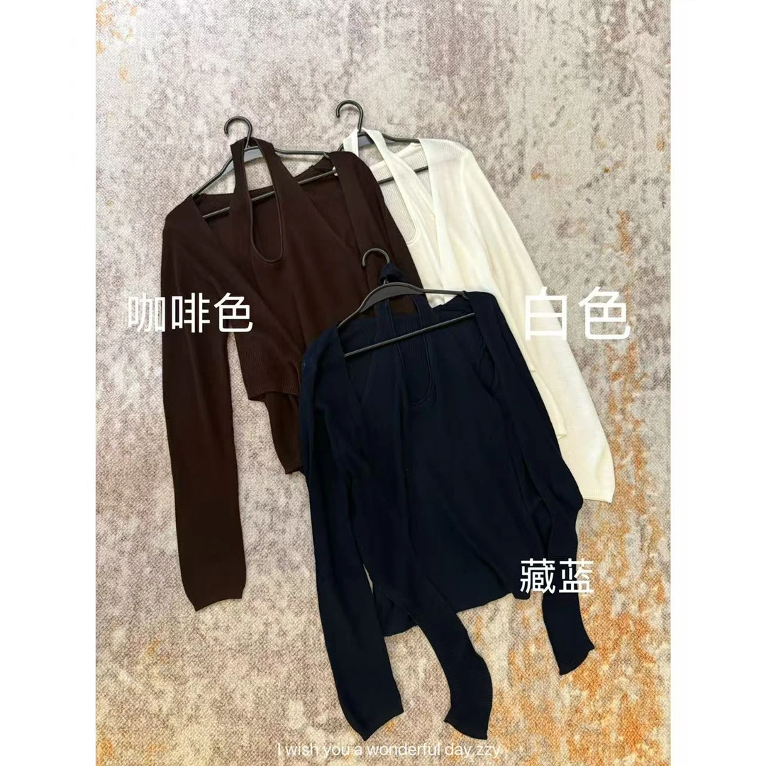 【法式日志】气质小众挂脖飘带假两件针织上衣.
