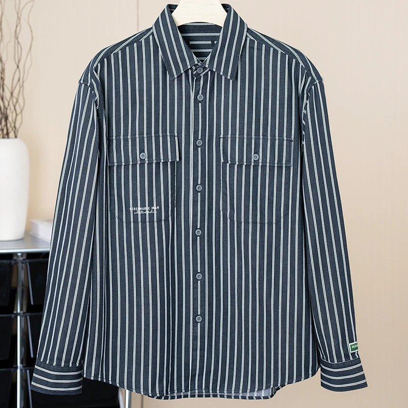 纯棉宽松条纹休闲领长袖休闲衬衫