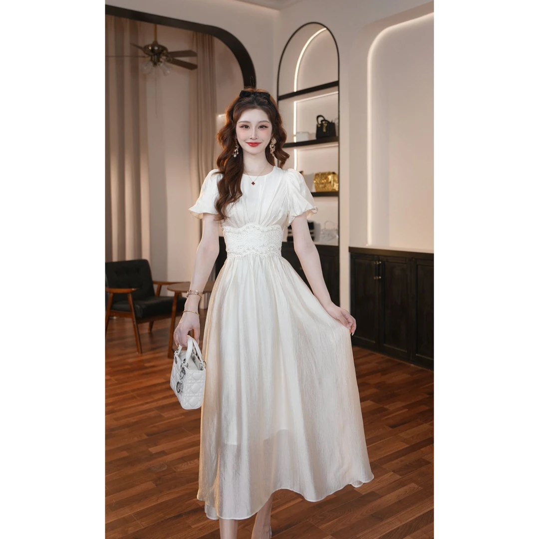 2025年夏季设计师新款气质法式复古轻奢重工高腰显瘦连衣裙45213