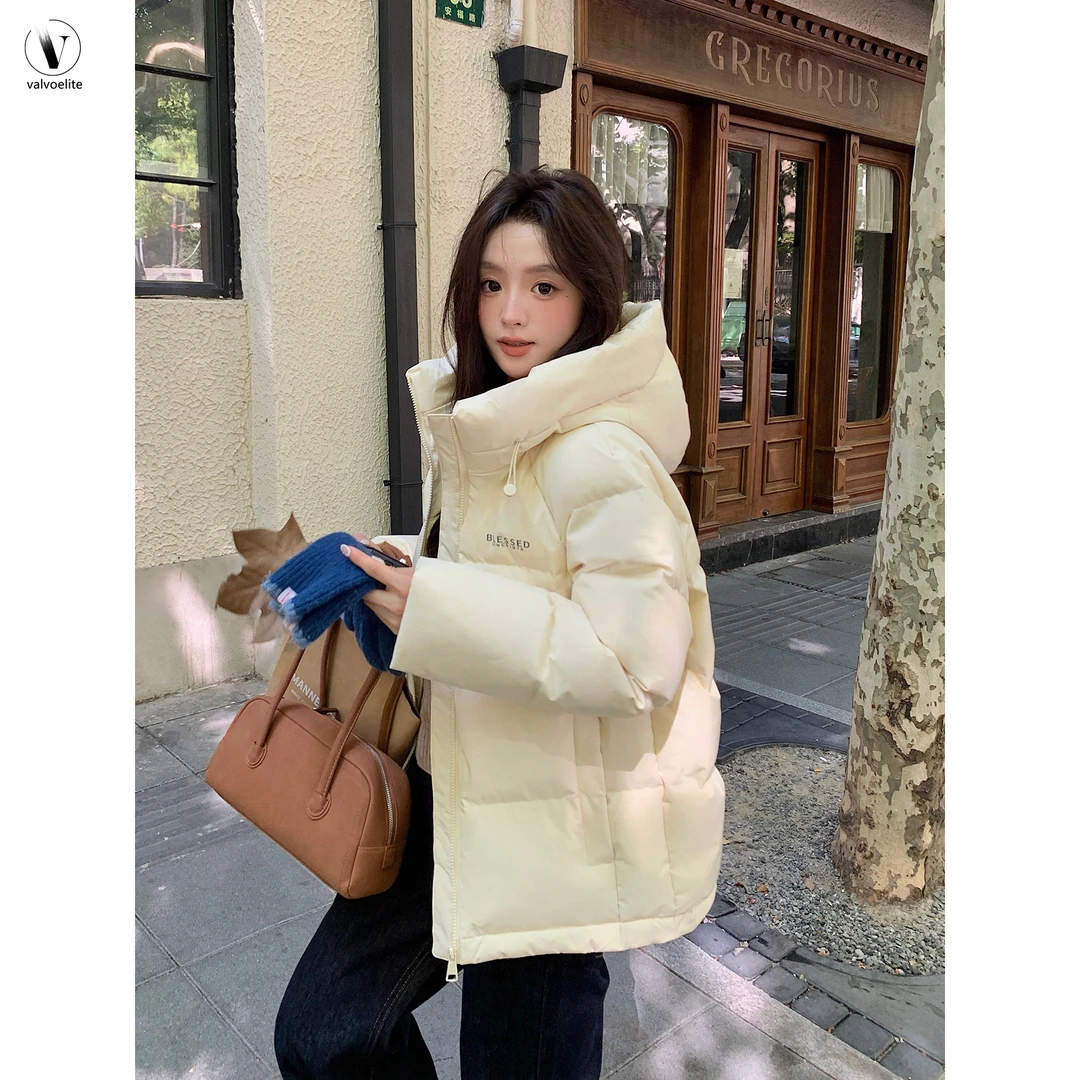 VALVOELITE白鸭绒羽绒服女冬季短款新款连帽宽格子宽松短款白鸭绒