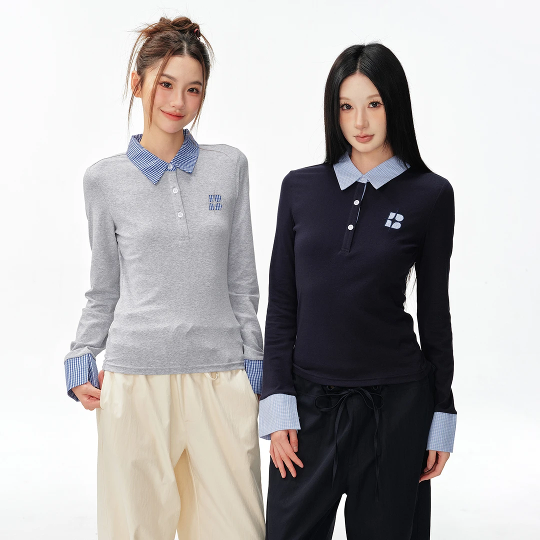 BIPOLAR女款假两件休闲百搭女士修身长袖POLO 13L050