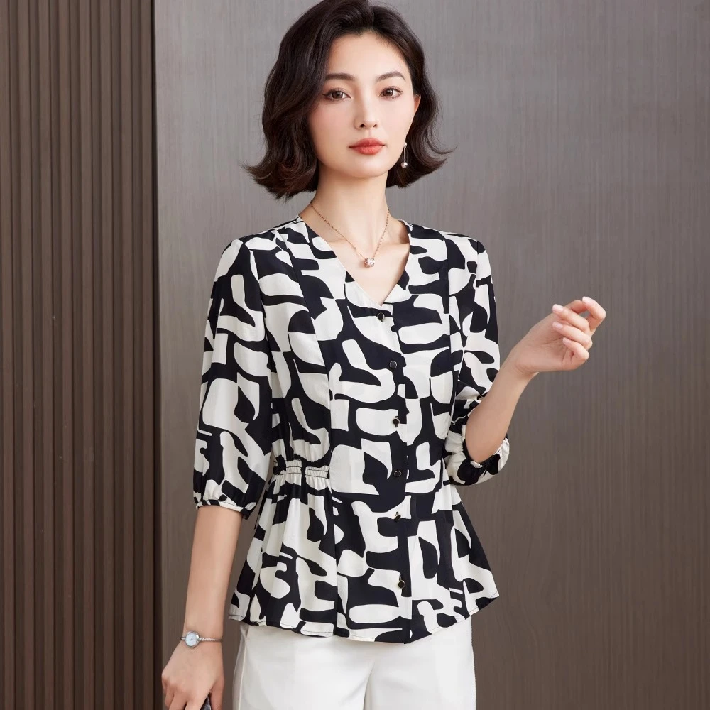 真丝上衣女2025春秋新款收腰显瘦小衫中年妈妈洋气短袖桑蚕丝衬衫