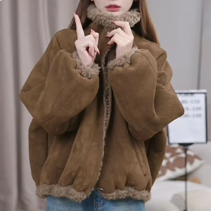 休闲翻领羊羔绒外套冬季时尚皮毛一体毛毛夹克宽松INS风保暖上衣