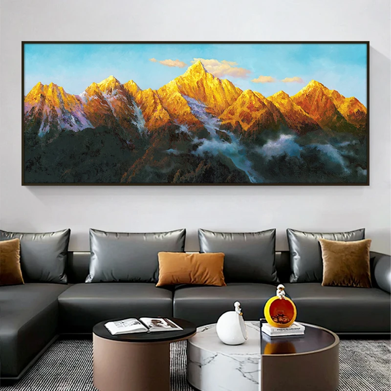 手绘油日照金山梅里风景油画现代轻奢客厅背景挂画办公室装饰画