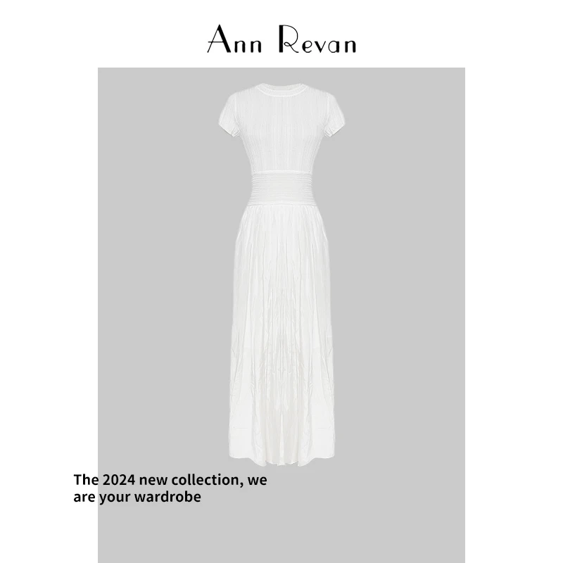 DY3419-法式气质针织拼接白色短袖连衣裙女高级感仙女裙度假长裙