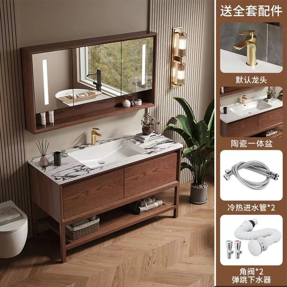 红橡木落地柜美式复古风橡木烤漆浴室柜组合智能镜柜落地柜