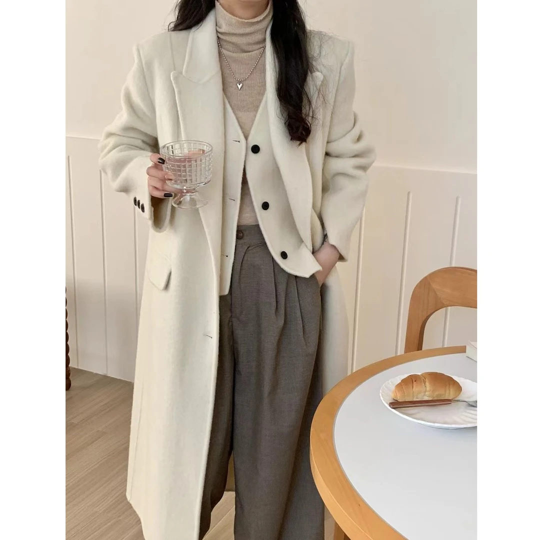 KIKI严选：726-AW家欧洲站南油假两件西装领双面毛大衣外套