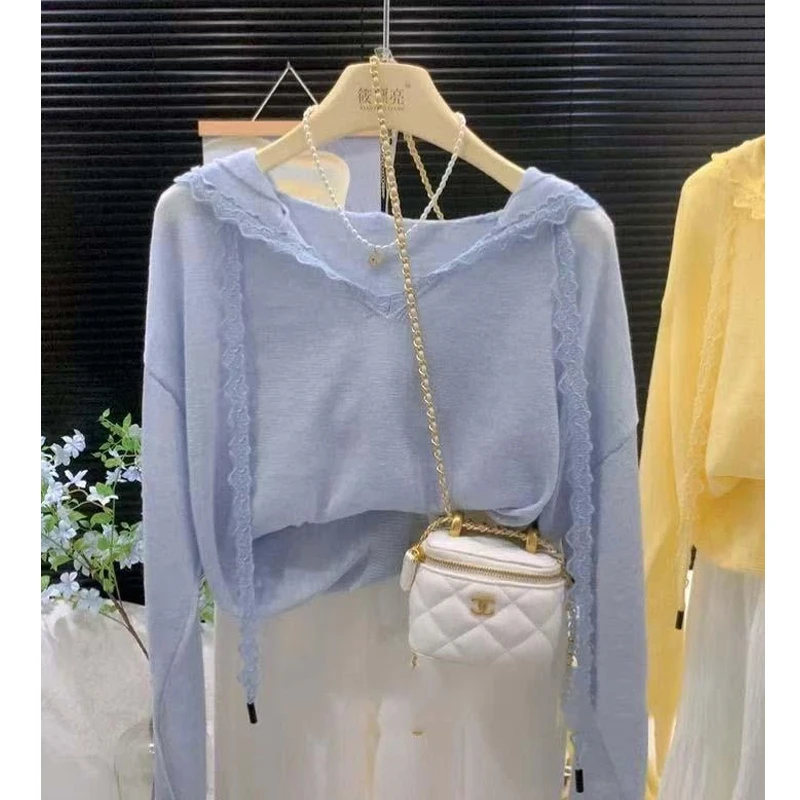 设计感连帽衫纯色宽松罩衫薄款蕾丝木耳边气质T恤针织防晒衫女装