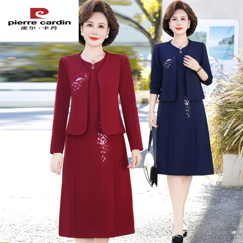 皮尔卡丹中年妈妈装秋款过膝气质连衣裙洋气新款春秋新款中老时尚