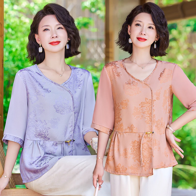 母亲节50-60夏装国风衣服短袖小衫2025新款洋气宽松新中式套装