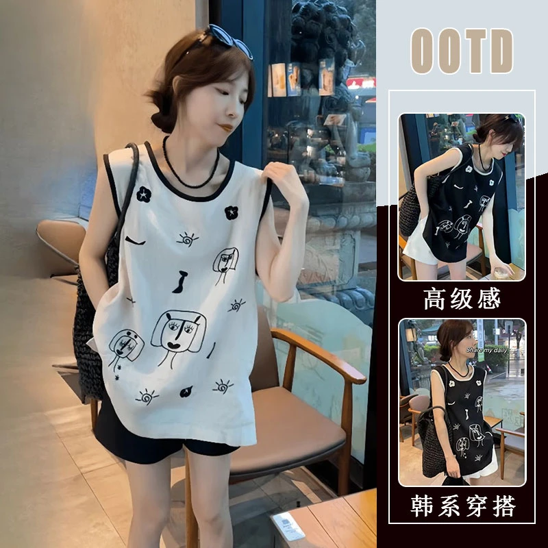设计感卡通无袖圆领背心上衣女2025夏季新款多巴胺显瘦短裤两件套