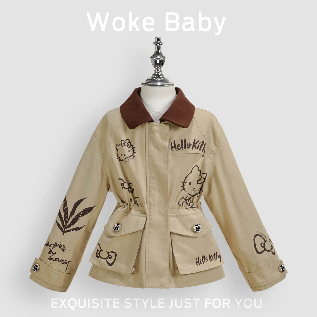女童秋季翻领kt猫收腰风衣外套宽松洋气休闲上衣汉服外套FA5734