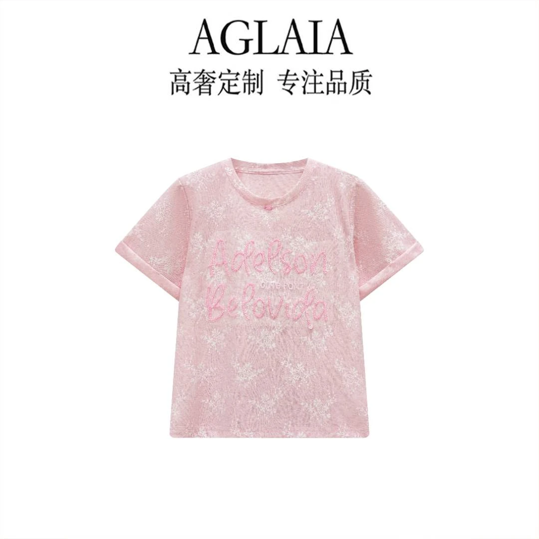 AGLAIA~2026夏季新款轻奢风蕾丝提花刺绣重工字母钉珠短袖T恤6906