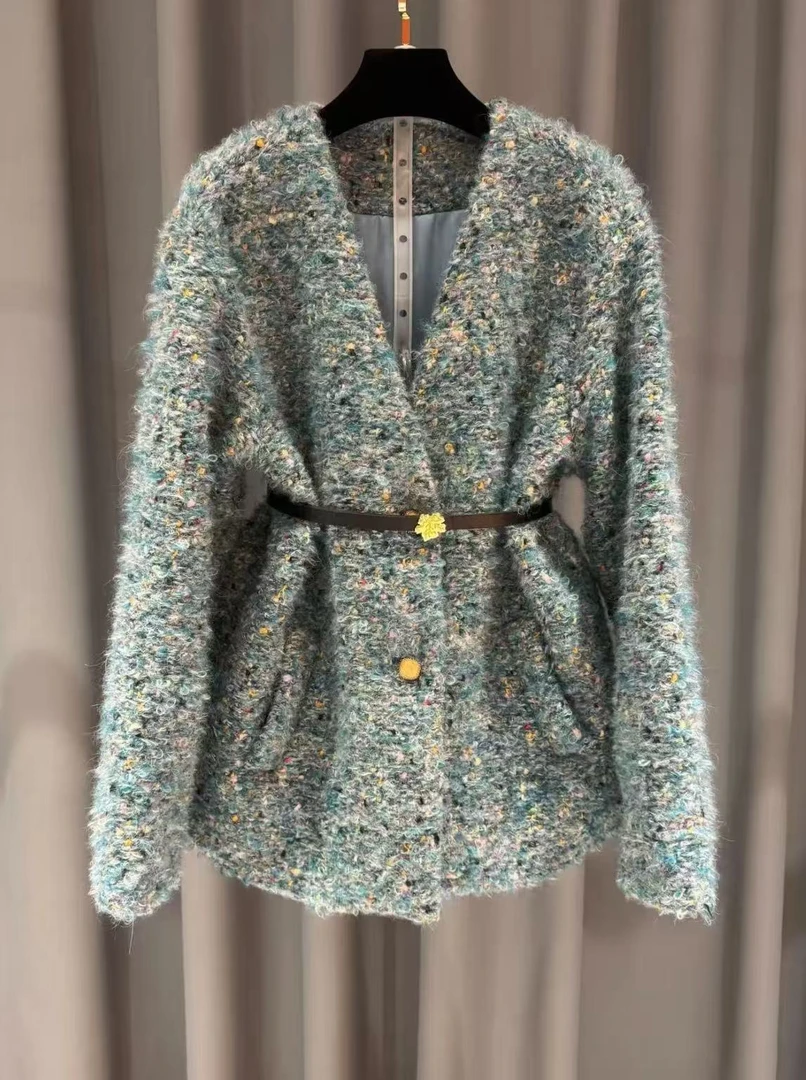 秋季高级V领新款网红时尚复古羊毛中式印花提花羽绒外套