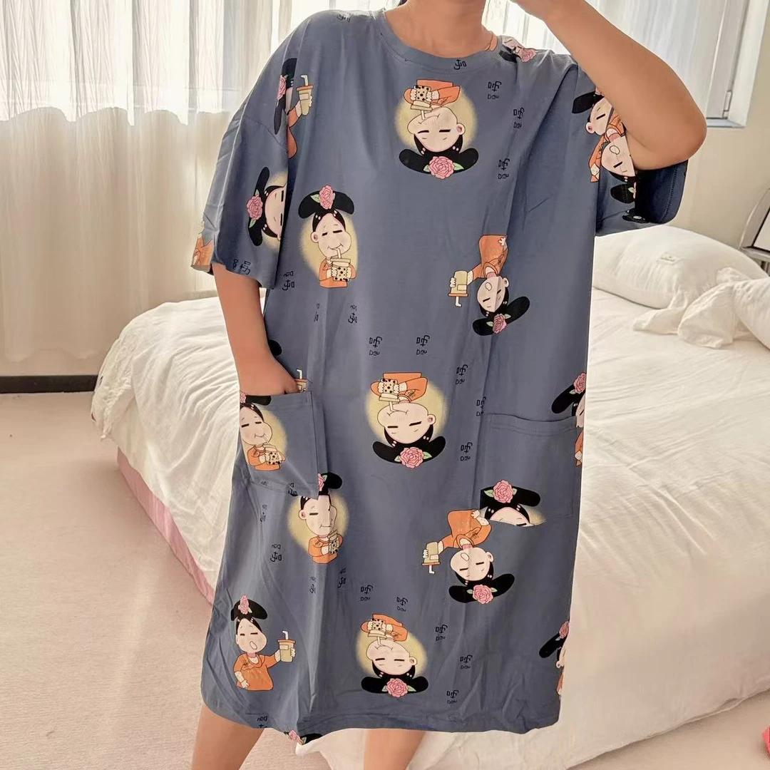 卡通印花加肥加大时尚休闲宽松睡裙女韩版圆领百搭夏季中长款睡裙