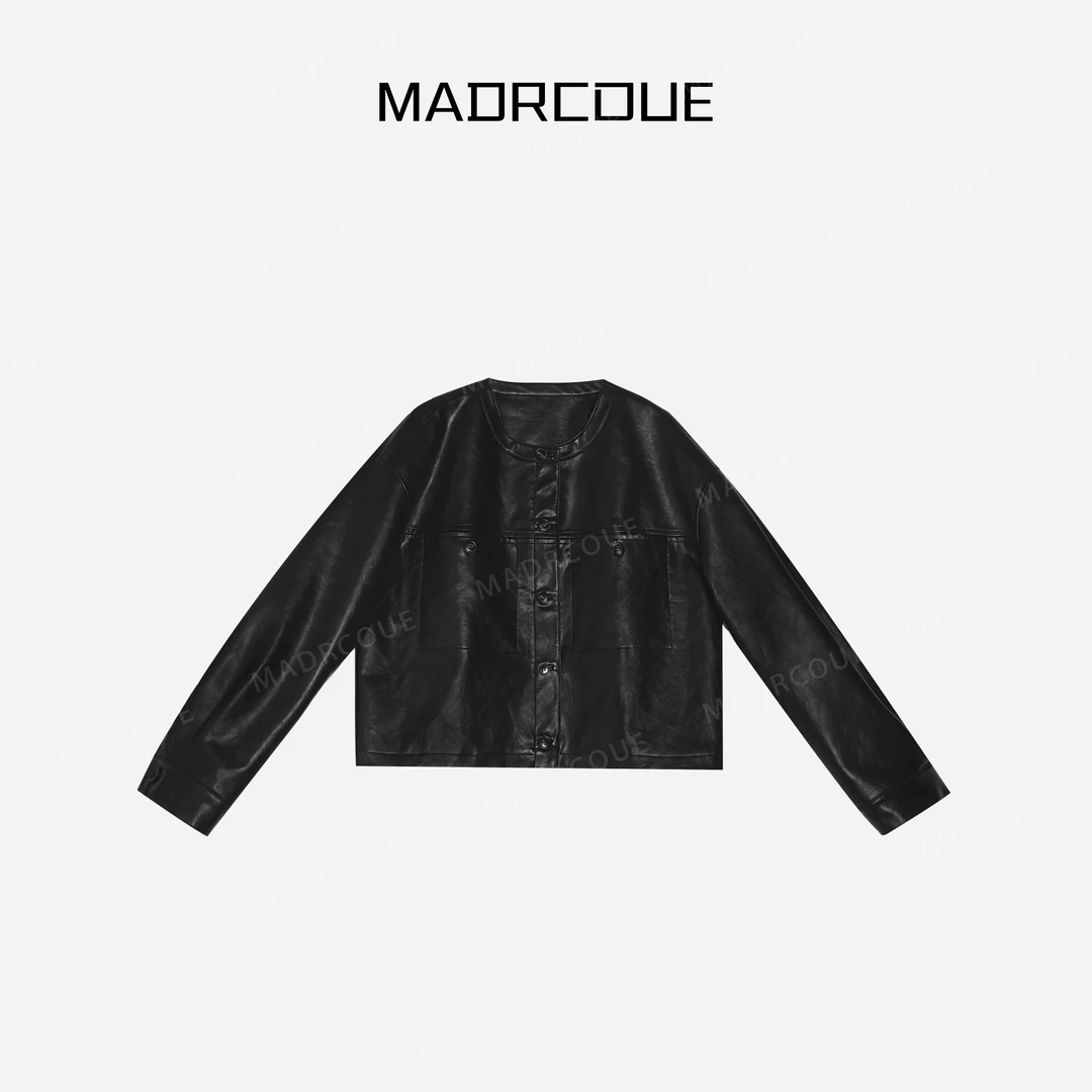 MADRCOUE  单排扣PU短款皮衣外套宽松气质百搭上衣 605028