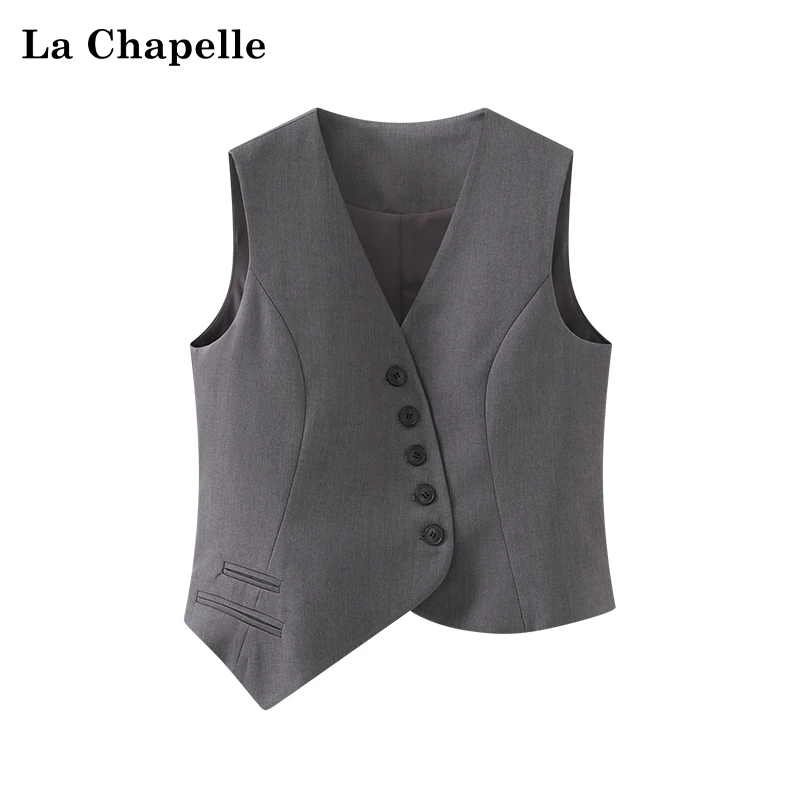 拉夏贝尔通勤V领斜扣不规则马甲女士高级感西装马夹时尚百搭时髦