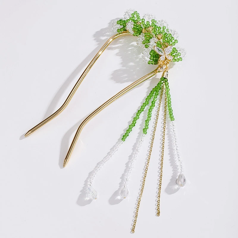 簪雅手工串珠铃兰花流苏发簪 古风新中式合金绿白珠子款 工厂直供