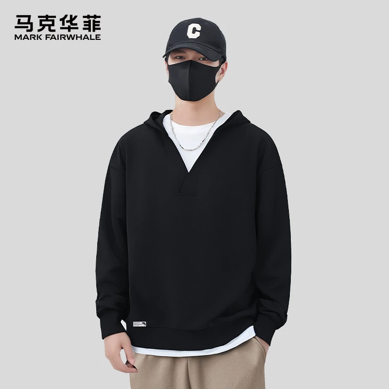 MARK FAIRWHALE/马克华菲假两件套头连帽卫衣男女同款秋休闲上衣