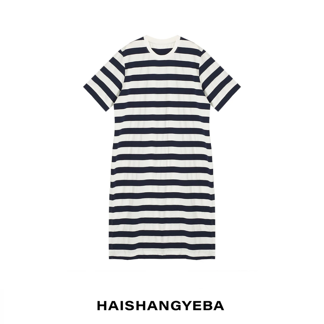 【海上叶爸】新款2025夏季百搭棉圆领宽松休闲条纹侧边开叉连衣裙