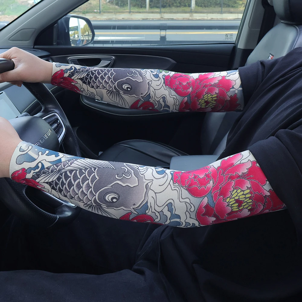 冰丝纹身袖套男骑行开车防晒套袖女护臂手臂套无缝黑色袖子手套潮