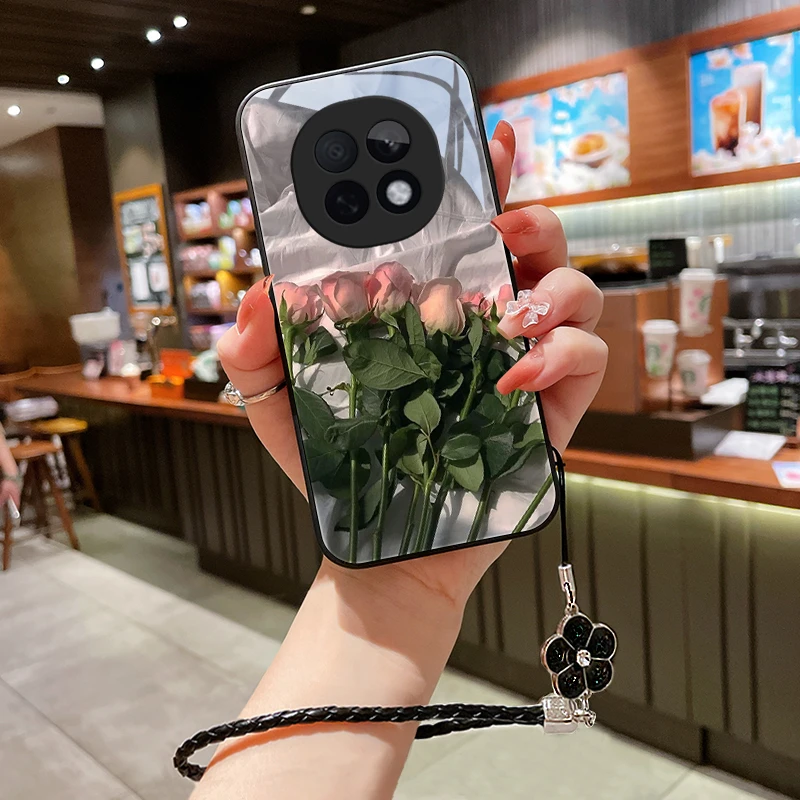 粉红花朵适用oppoA5pro手机壳新款女挂绳玻璃壳A5Pro高级ins硅胶